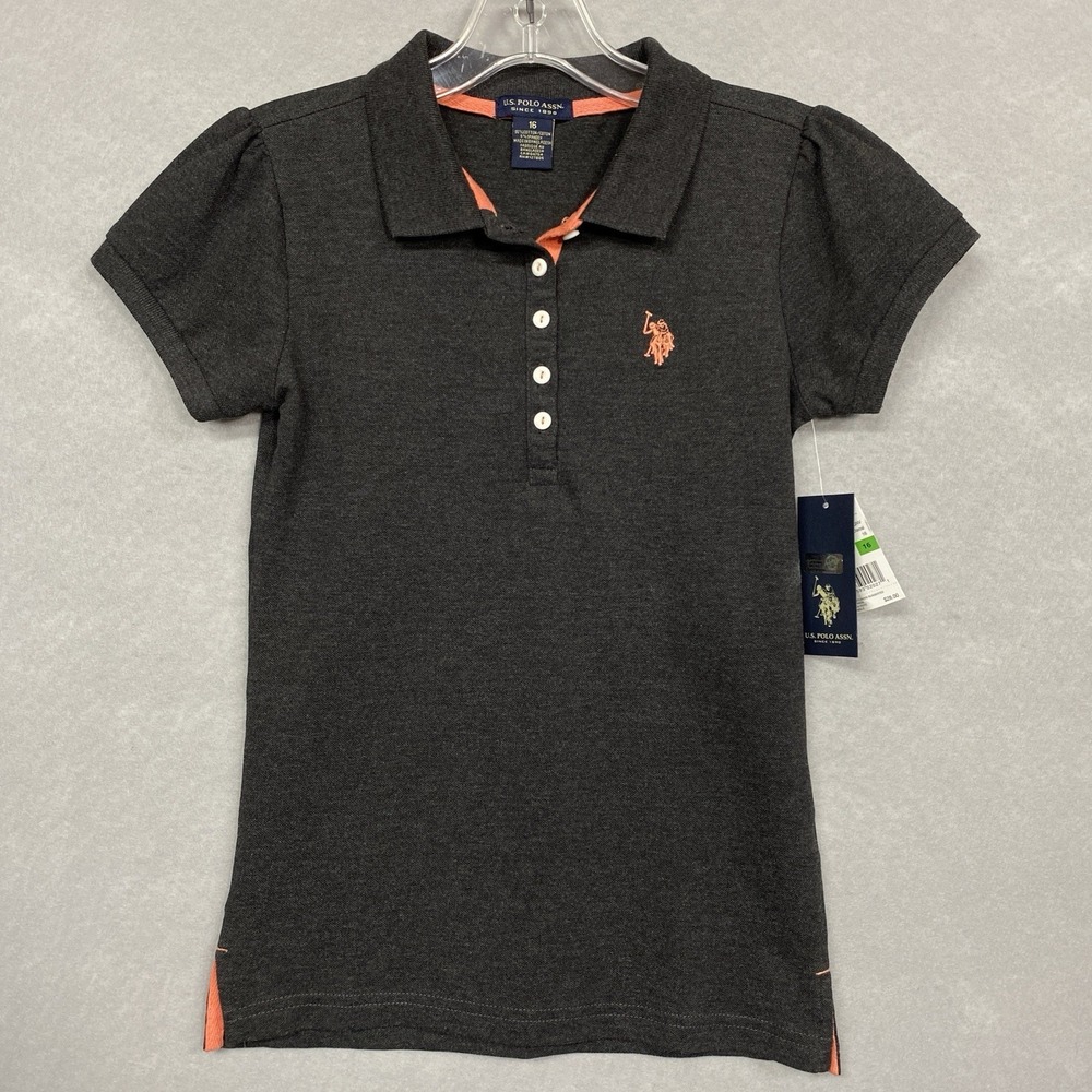 US Polo Assn Girls 16 Polo Shirt Gray Preppy Classic Stretch Short Sleeve NWT